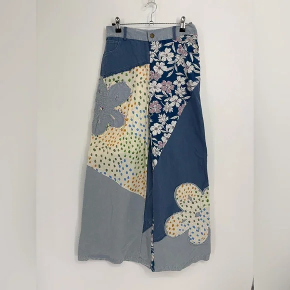 Easel Patch Me If You Can Patchwork Paradise Wide Leg Pants in Blue and Cream - Picture 3 of 12